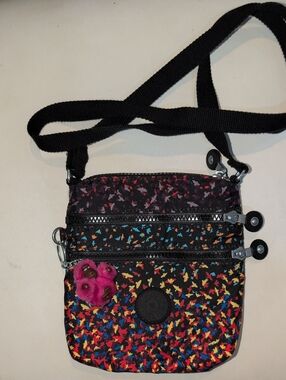 Kipling Black Multi Confetti Crossbody with Pink Monkey Charm